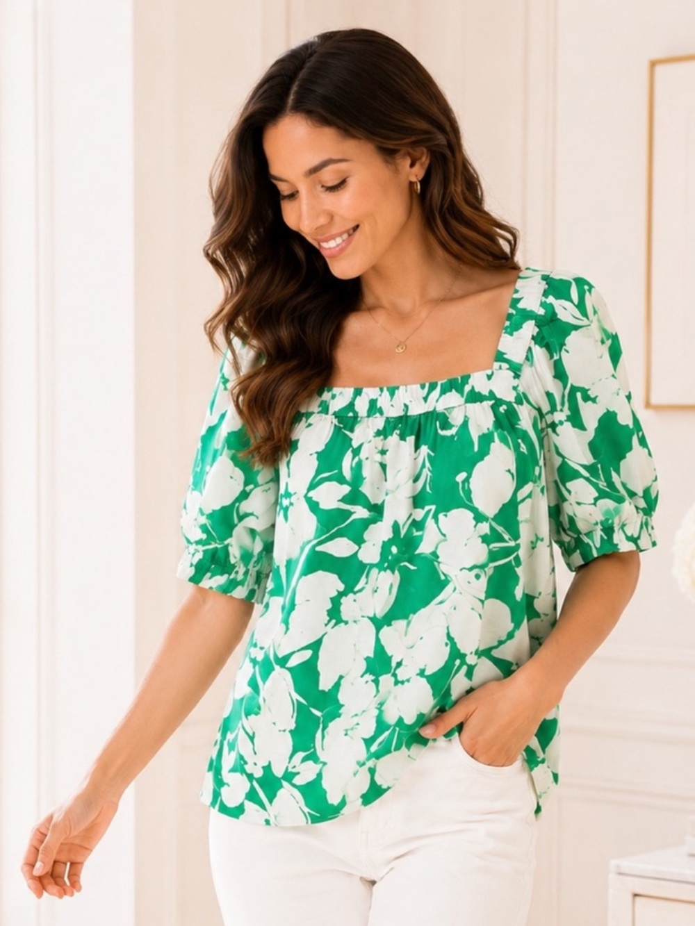 Sonoma Green White Floral Square Neck Puff Sleeve Peasant Top NWT S